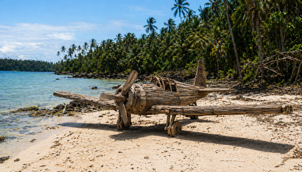 Wooden decoy plane on a tropical beach